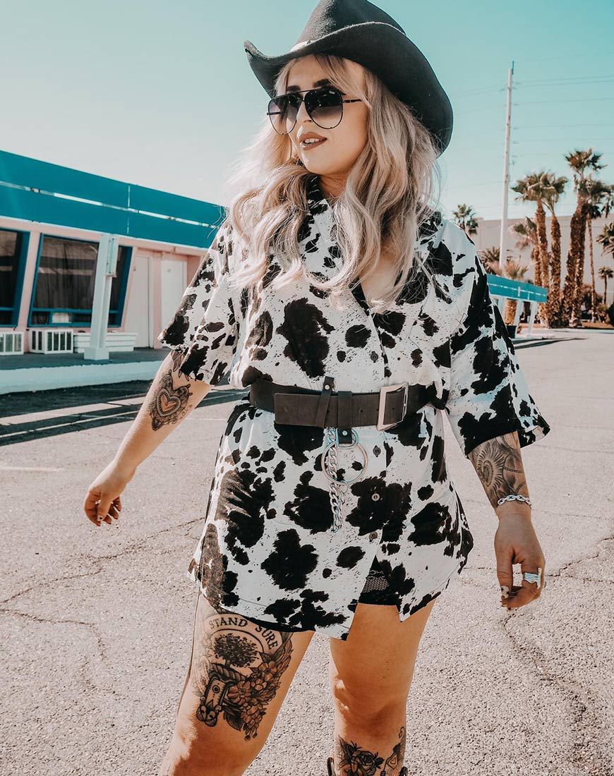 Fresia Mini Dress in Cow Hide Brown and White - Awmao