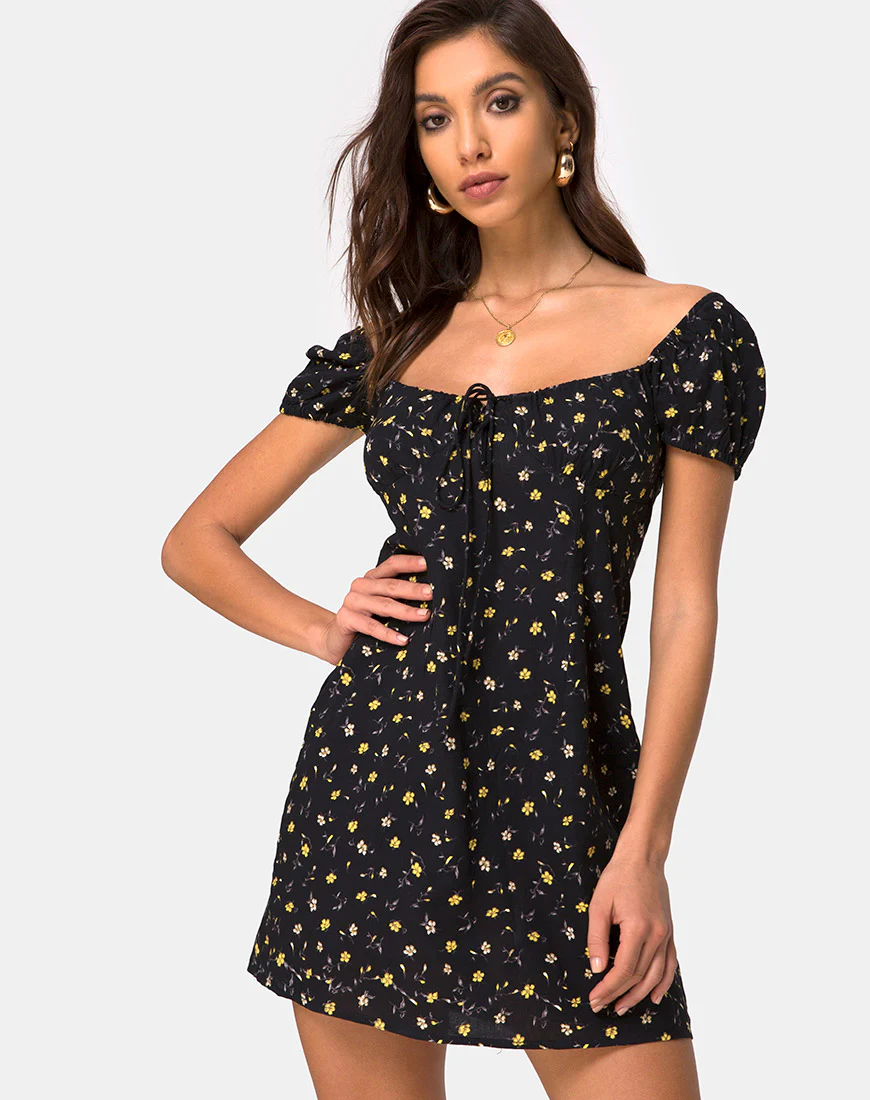 Zudema Mini Dress in Pretty Petal Black - Awmao