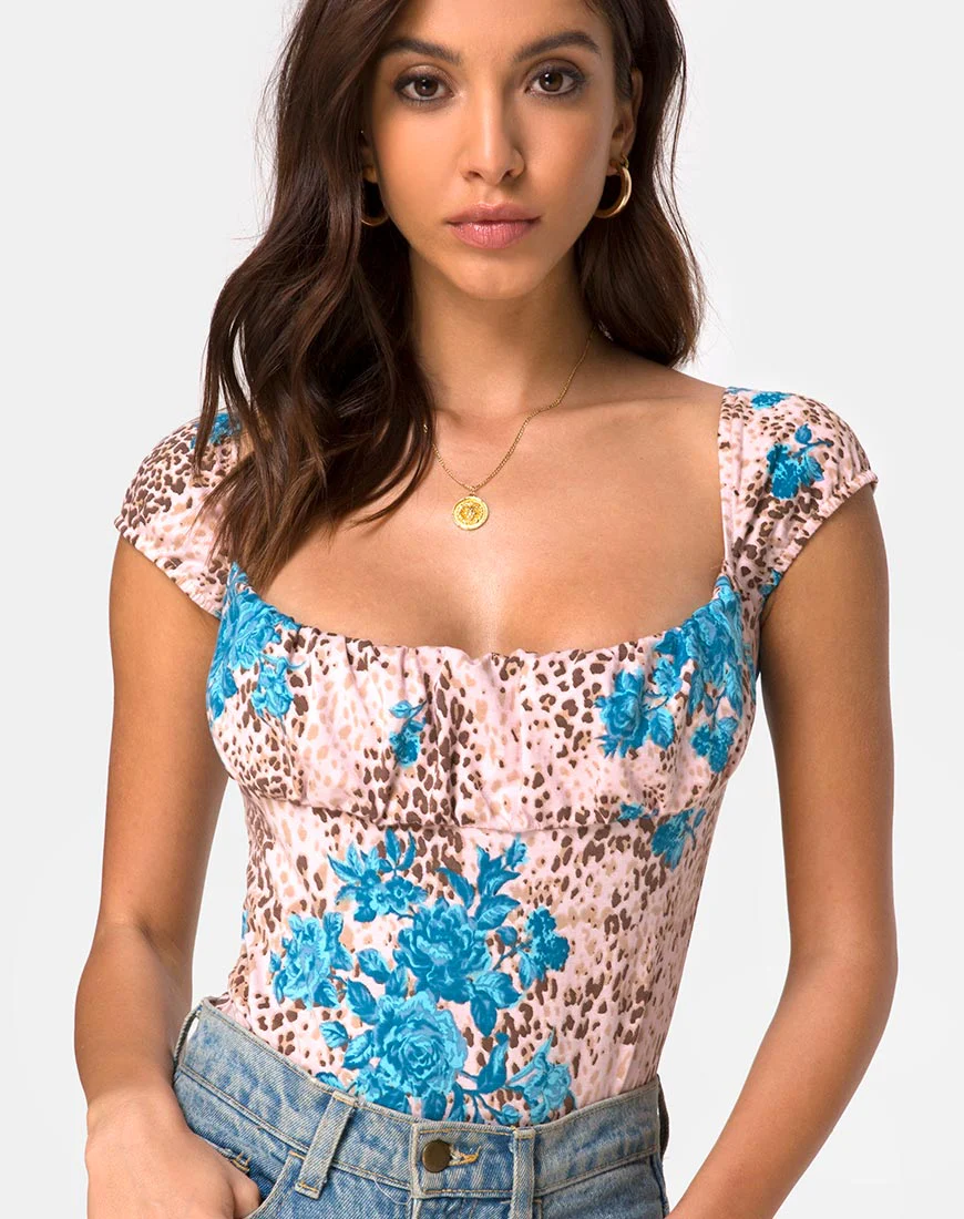 Kalina Bodice in Jungle Flower Blue and Cream - Awmao