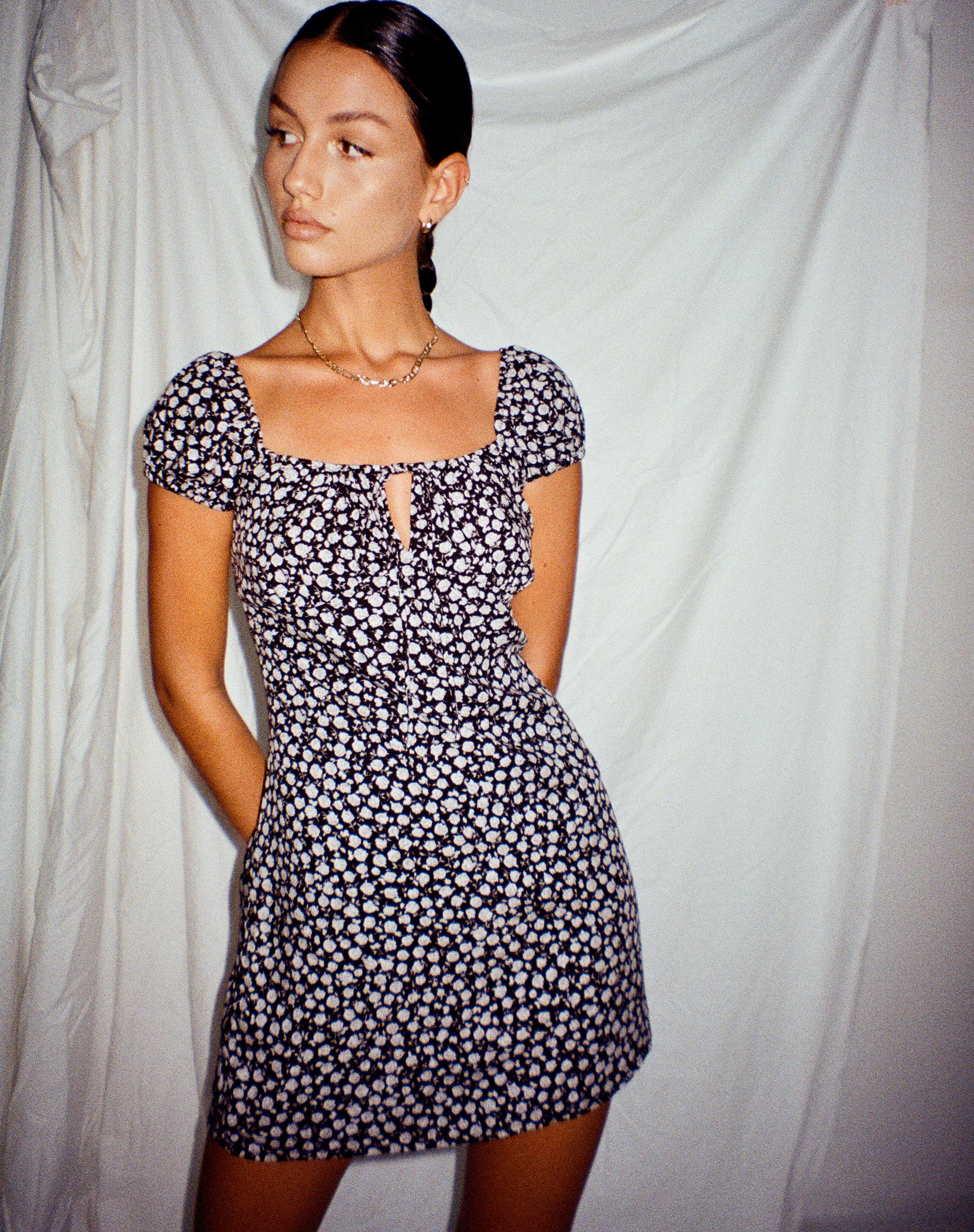 Gaval Mini Dress in Ditsy Rose Black - Awmao