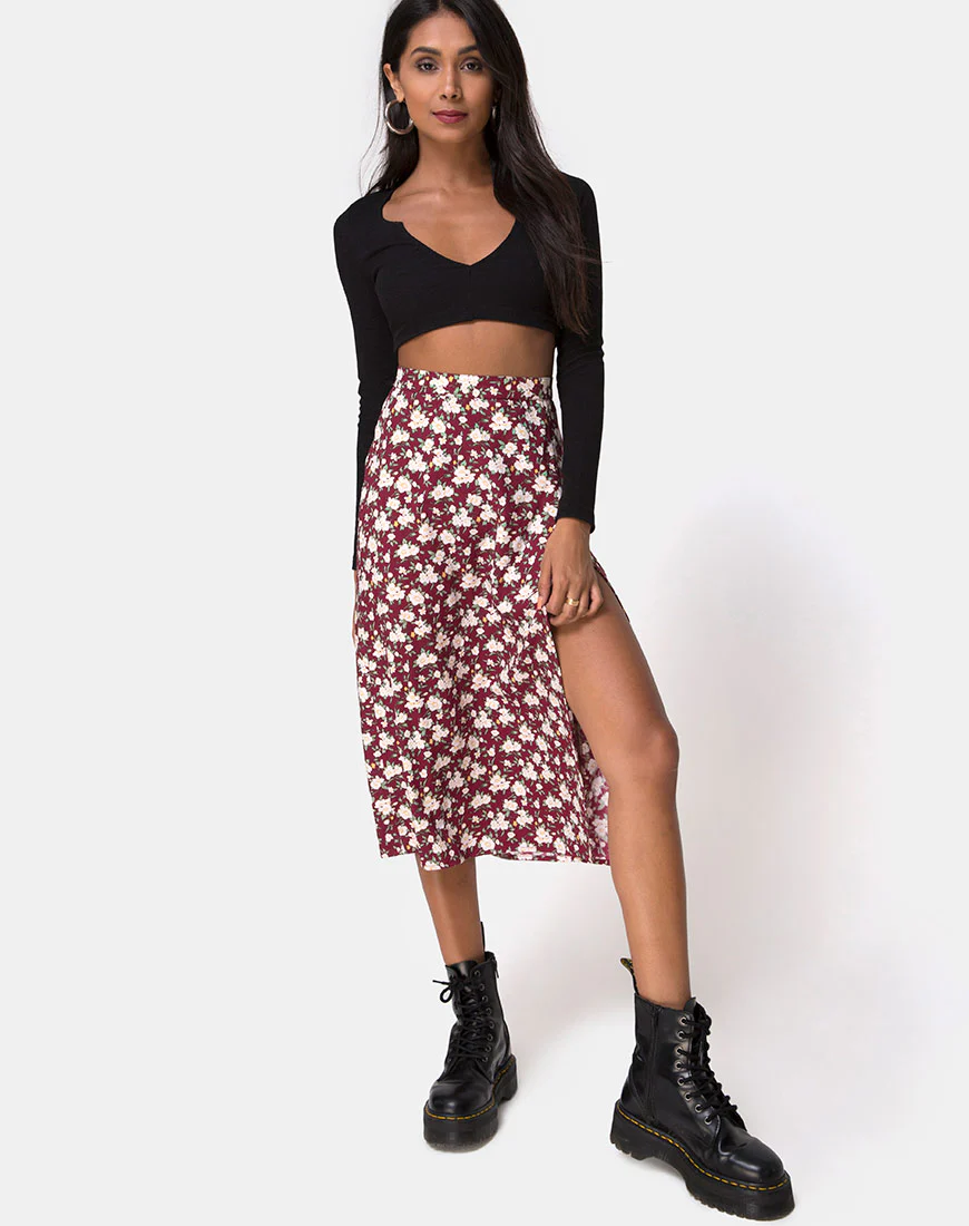 Saika Midi Skirt in Wild Fleur Maroon - Awmao
