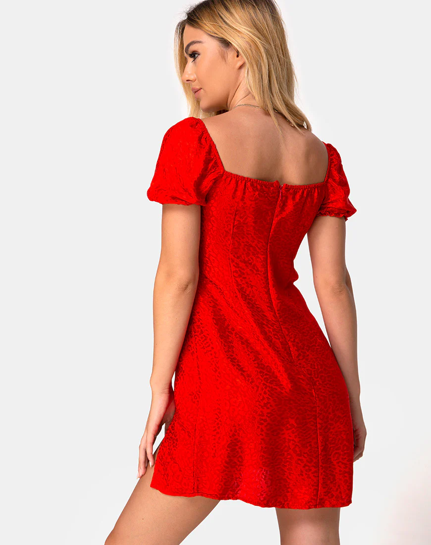 Lonma Dress in Satin Cheetah Red - Awmao
