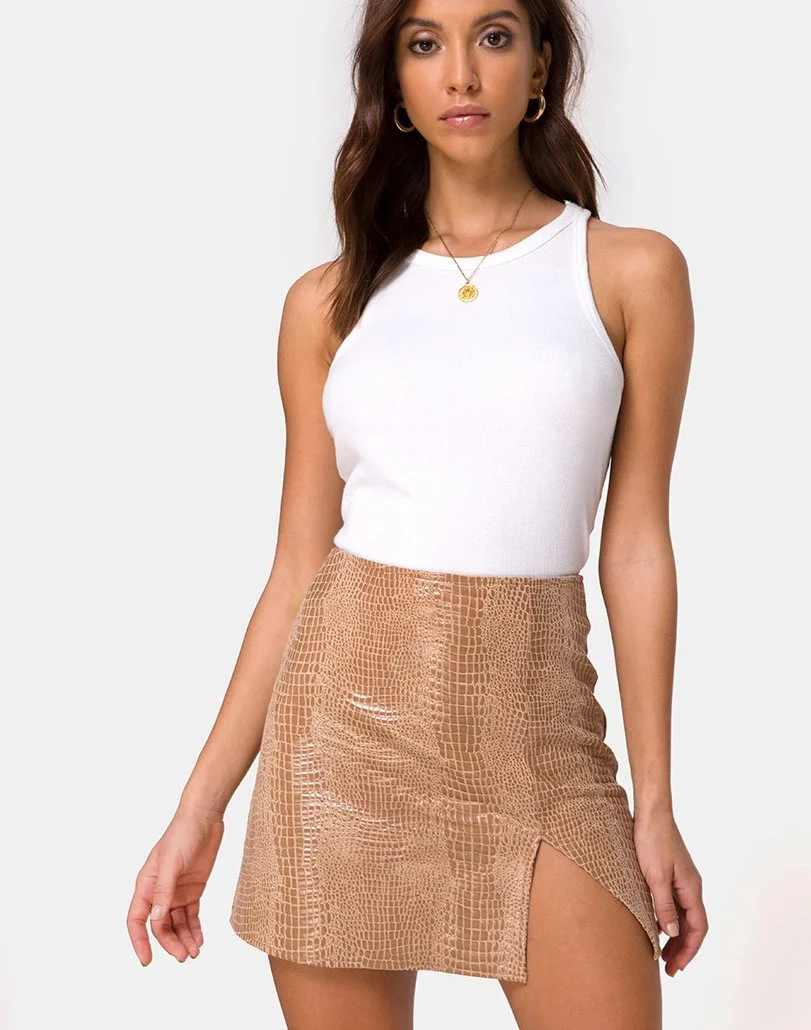 Wren Mini Skirt in PU Snake Tan - Awmao