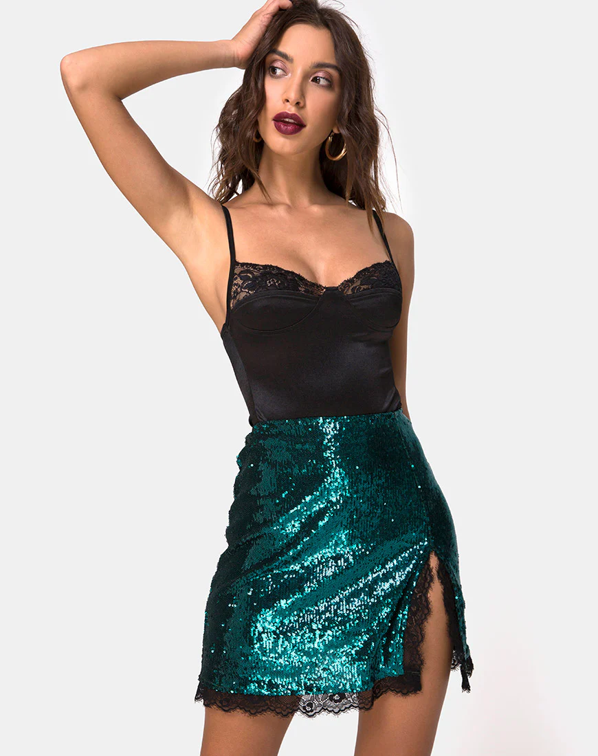 Lena Skirt in Mini Sequin Teal with Black Lace - Awmao