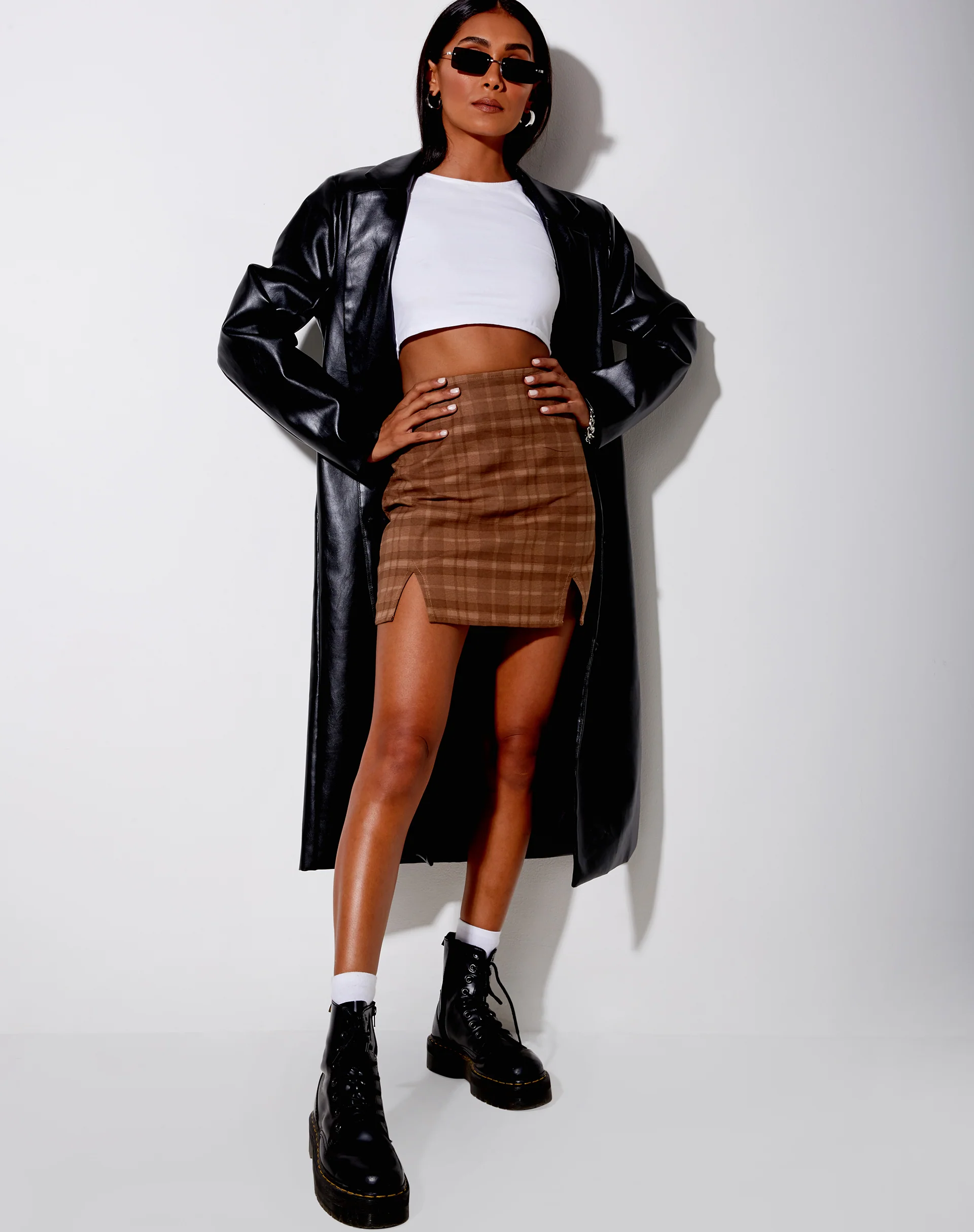 Zila Mini Skirt in Brown Check - Awmao