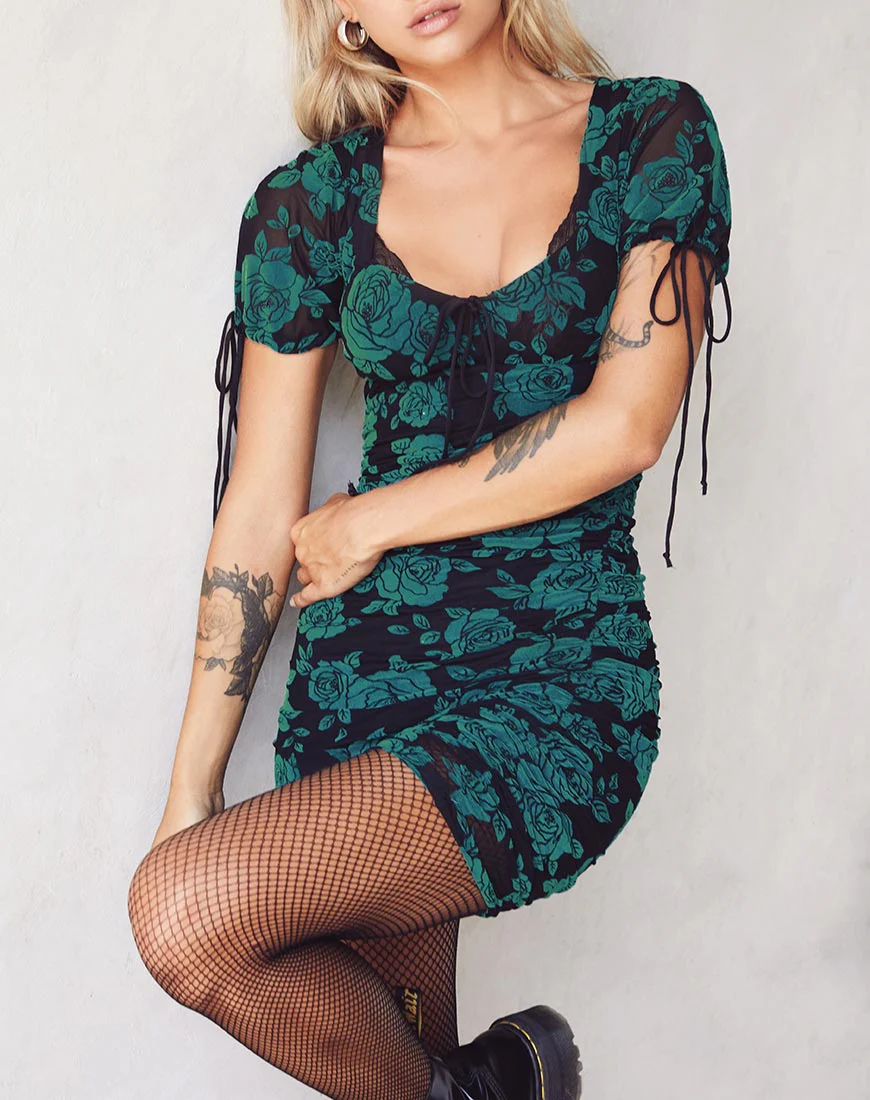 Guenetta Mini Dress in Romantic Rose Flock Teal - Awmao