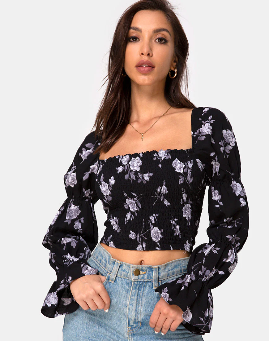 Velina Top in White Rose Black - Awmao