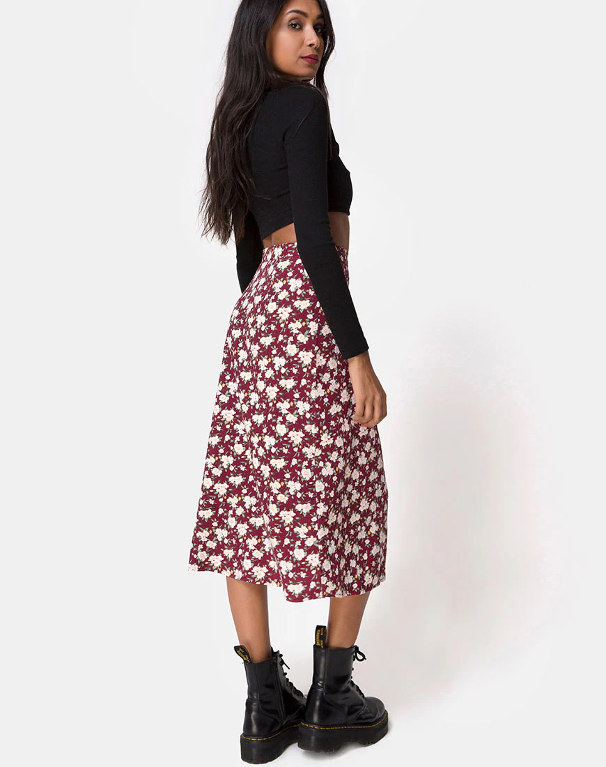 Saika Midi Skirt in Wild Fleur Maroon - Awmao