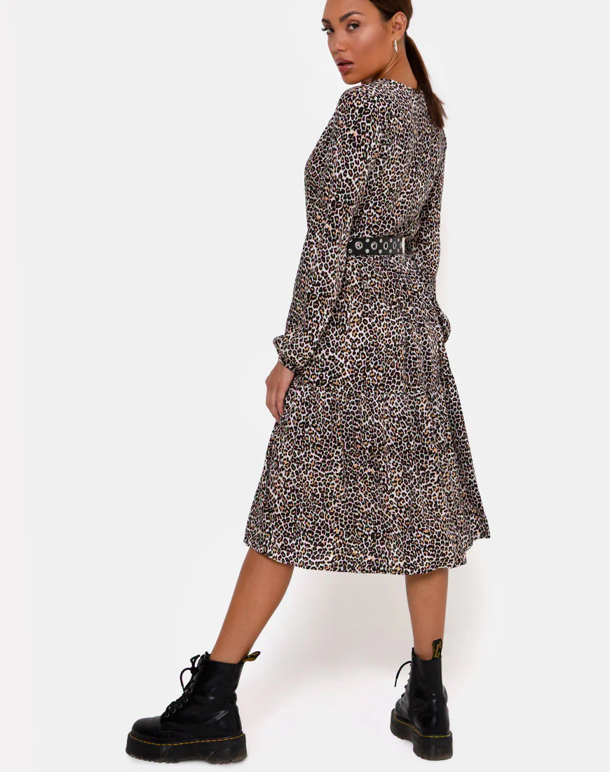 Bello Midi Dress in Rar Leopard Brown - Awmao