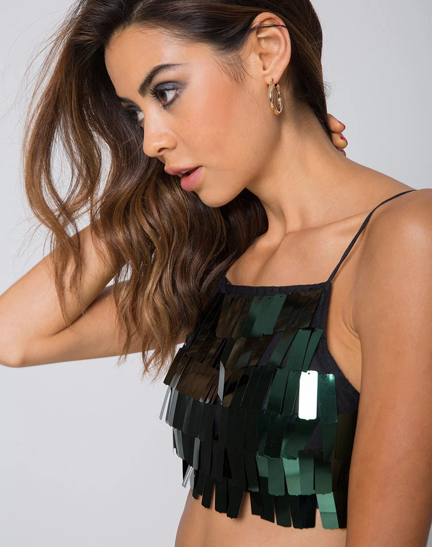 Sasha Crop Top in Dangle Sequin Forest Green - Awmao