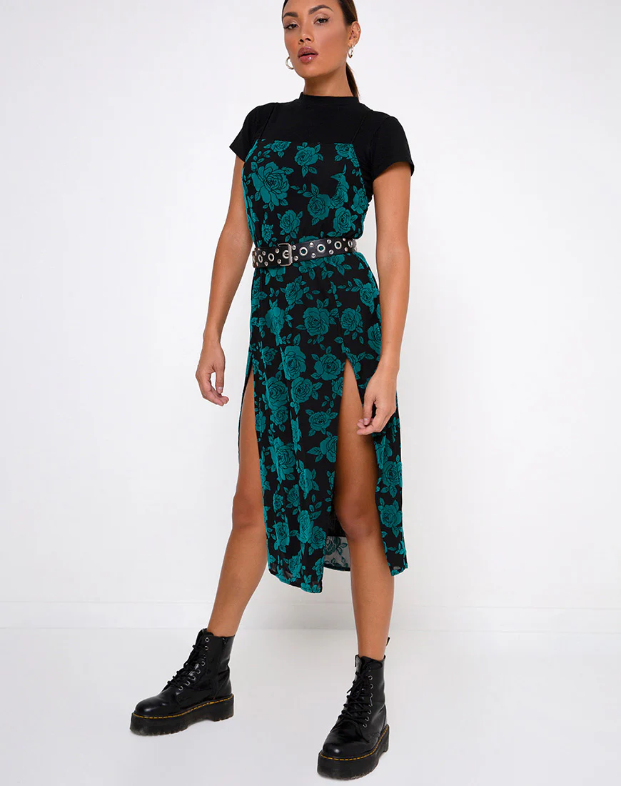 Daxita Midi Dress in Romantic Rose Flock Teal - Awmao