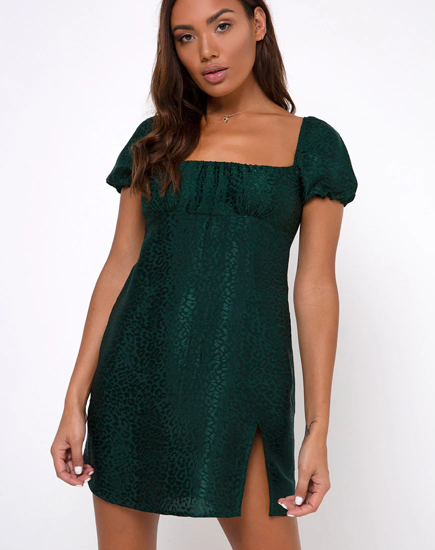 Lonma Mini Dress in Satin Cheetah Forest Green - Awmao