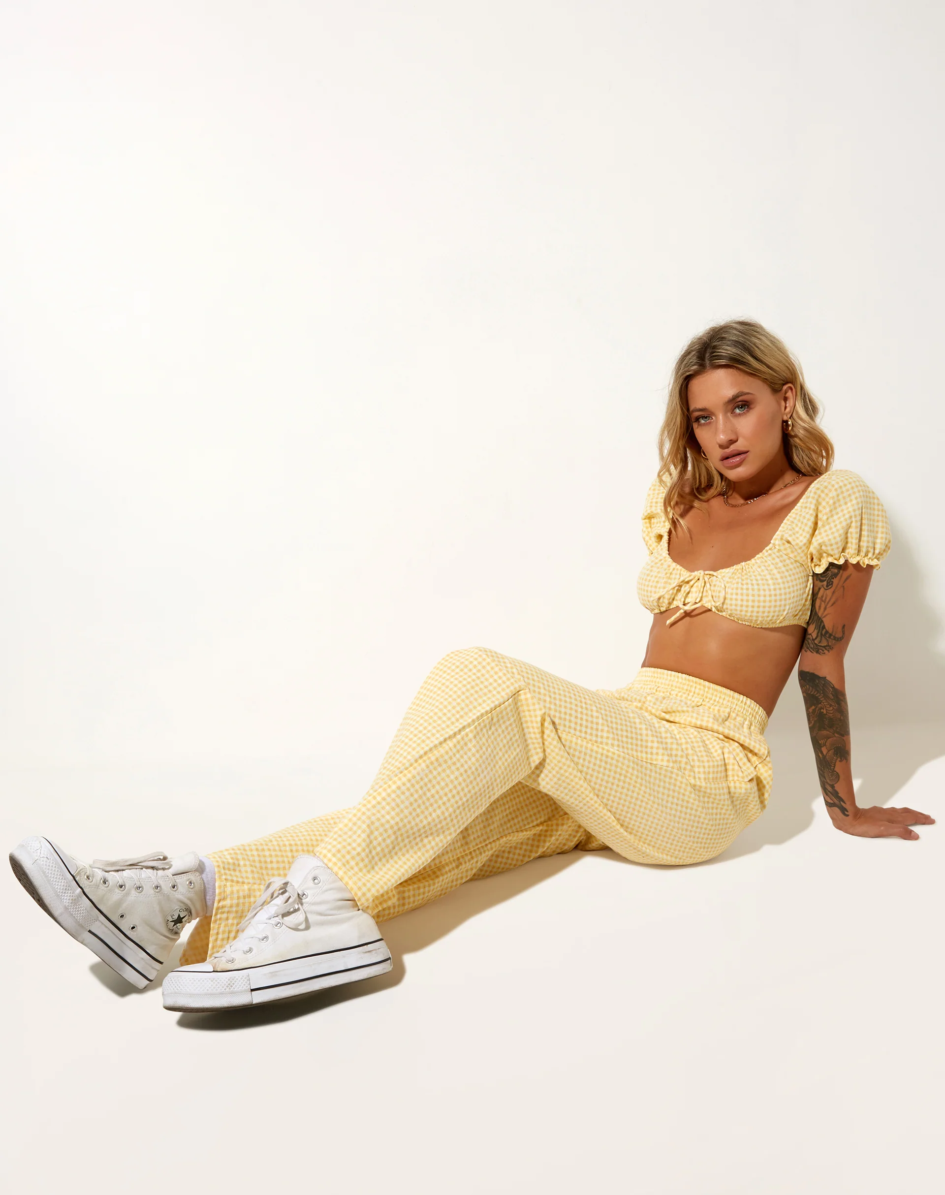 Yara Trouser in Lemon Gingham Yellow - Awmao