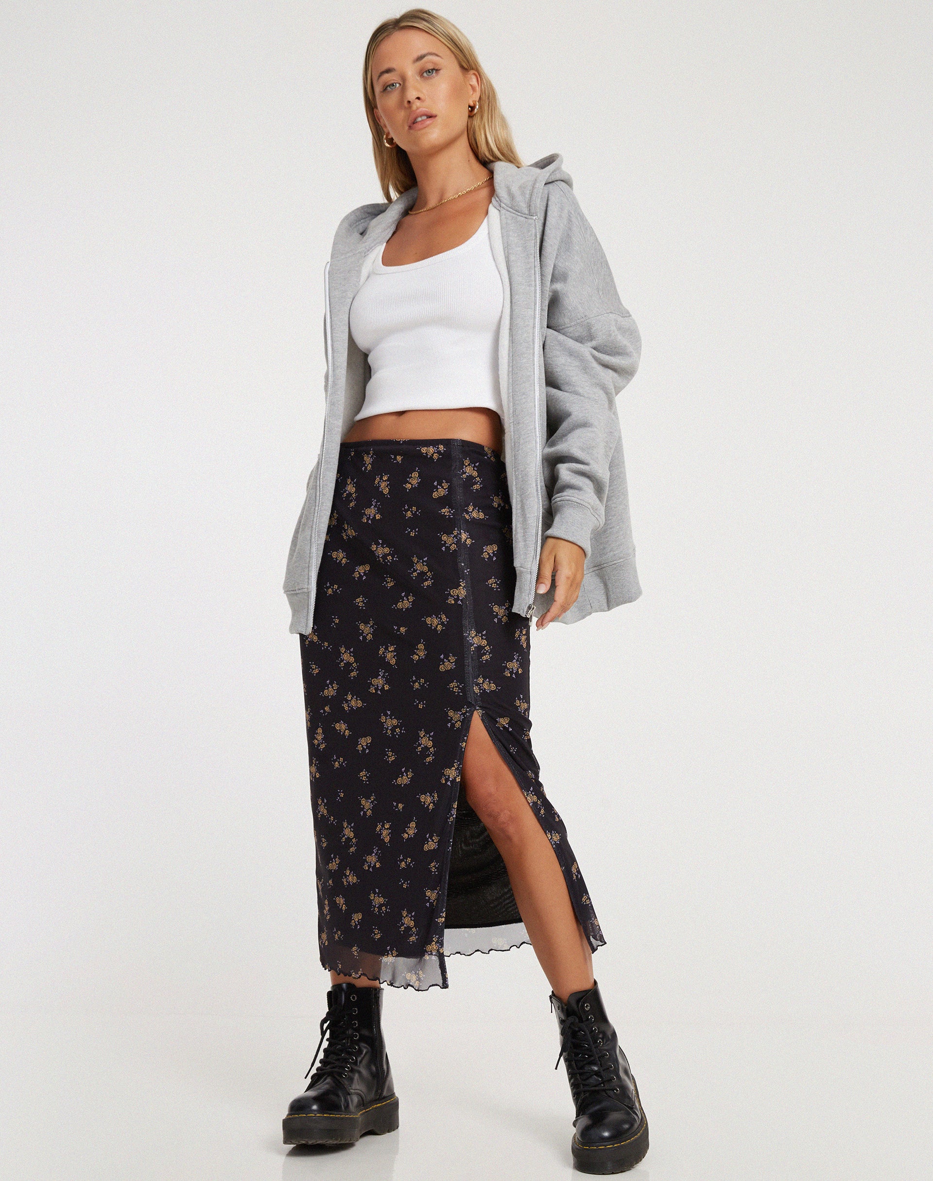 Rindai Midi Skirt in Femme Floral Black and Gold - Awmao