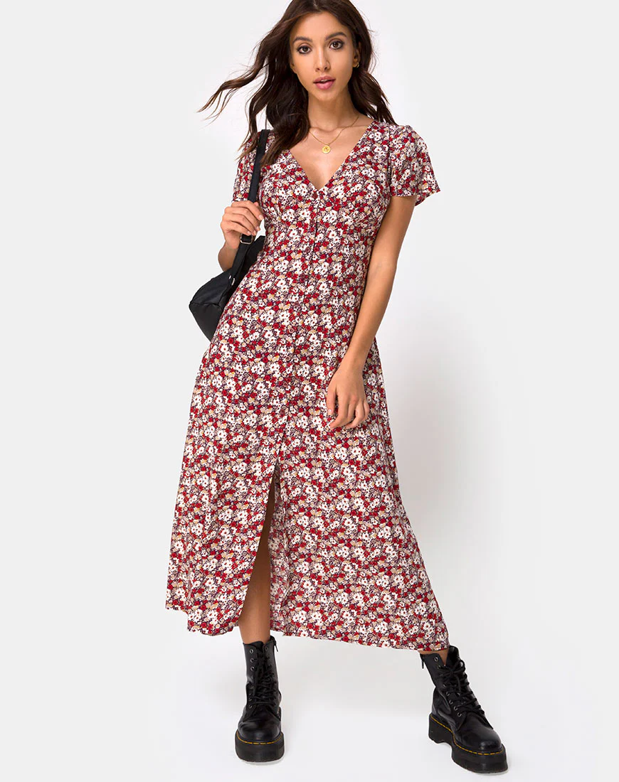 Larin Midi Dress in Floral Charm Red - Awmao