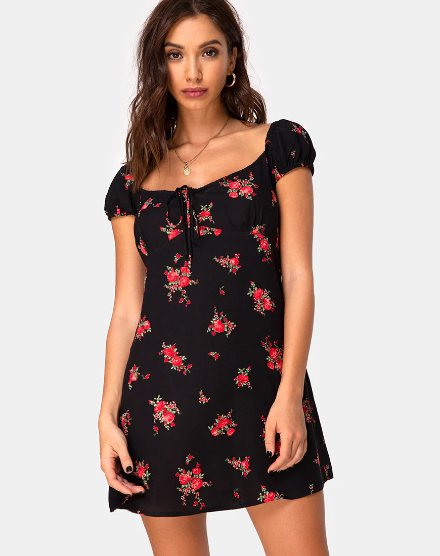 Gaval Mini Dress in Soi Rose Black and Red - Awmao