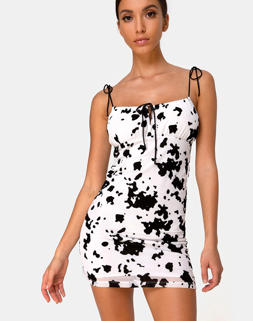 Karlia Mini Dress in Flock Dalmation Black and White - Awmao