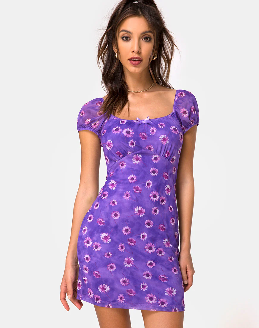 Galot Mini Dress in Daisy Daze Purple - Awmao