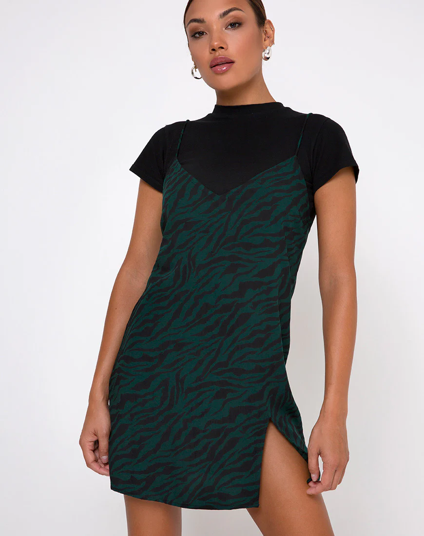 Katya Mini Dress in 90's Zebra Forest Green - Awmao