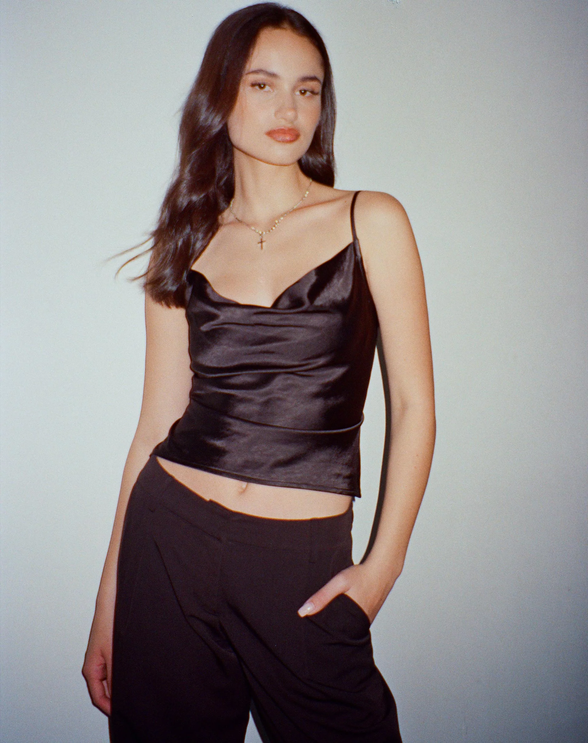 Paiva Cowl Neck Top in Satin Black - Awmao