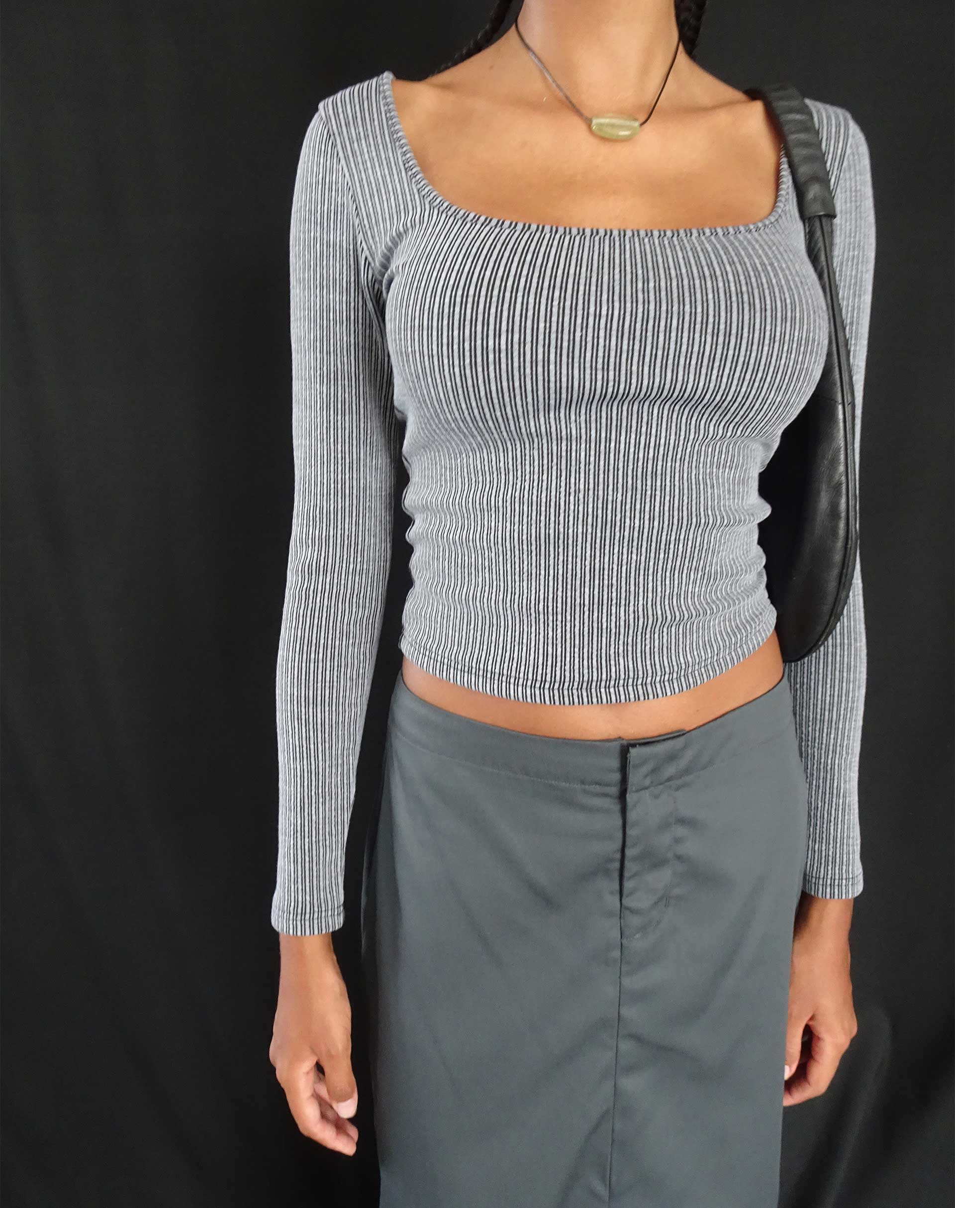 Bonlo Long Sleeve Top in Two Tone Rib Grey - Awmao