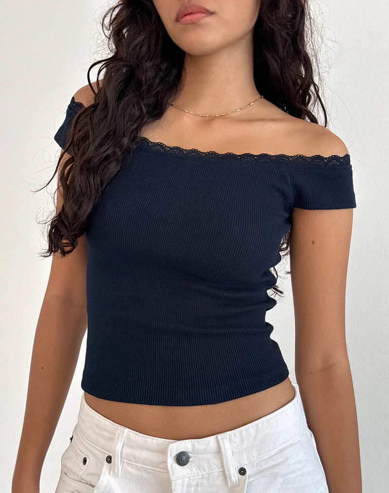 Chacha Bardot Top in Rib Lace Navy - Awmao