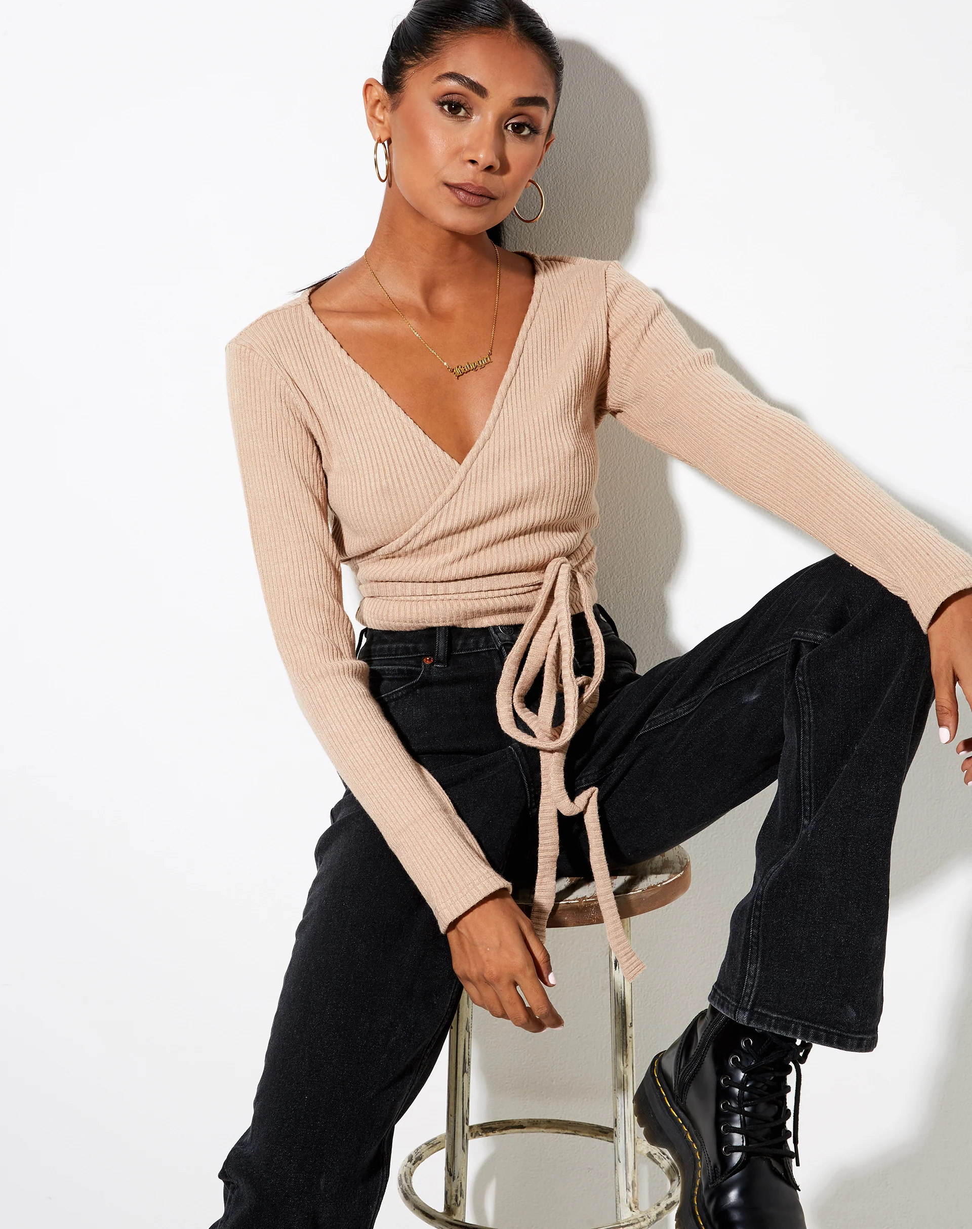 Bianca Wrap Top in Rib Tan - Awmao