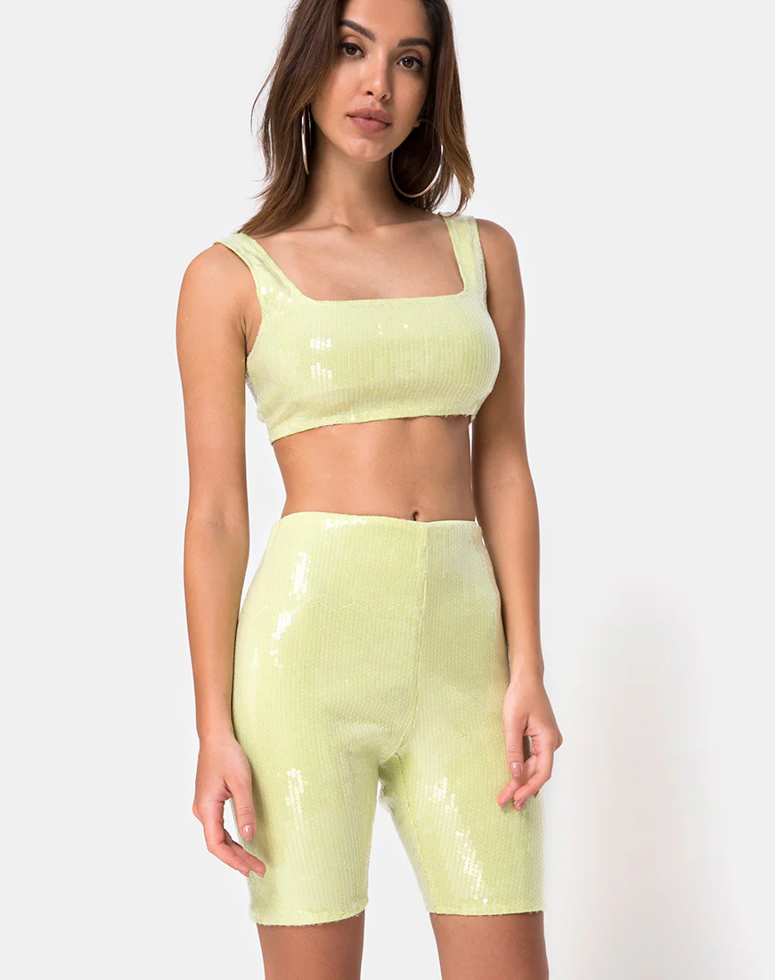 Bike Short in Pistachio Green with Clear Sequins - Awmao