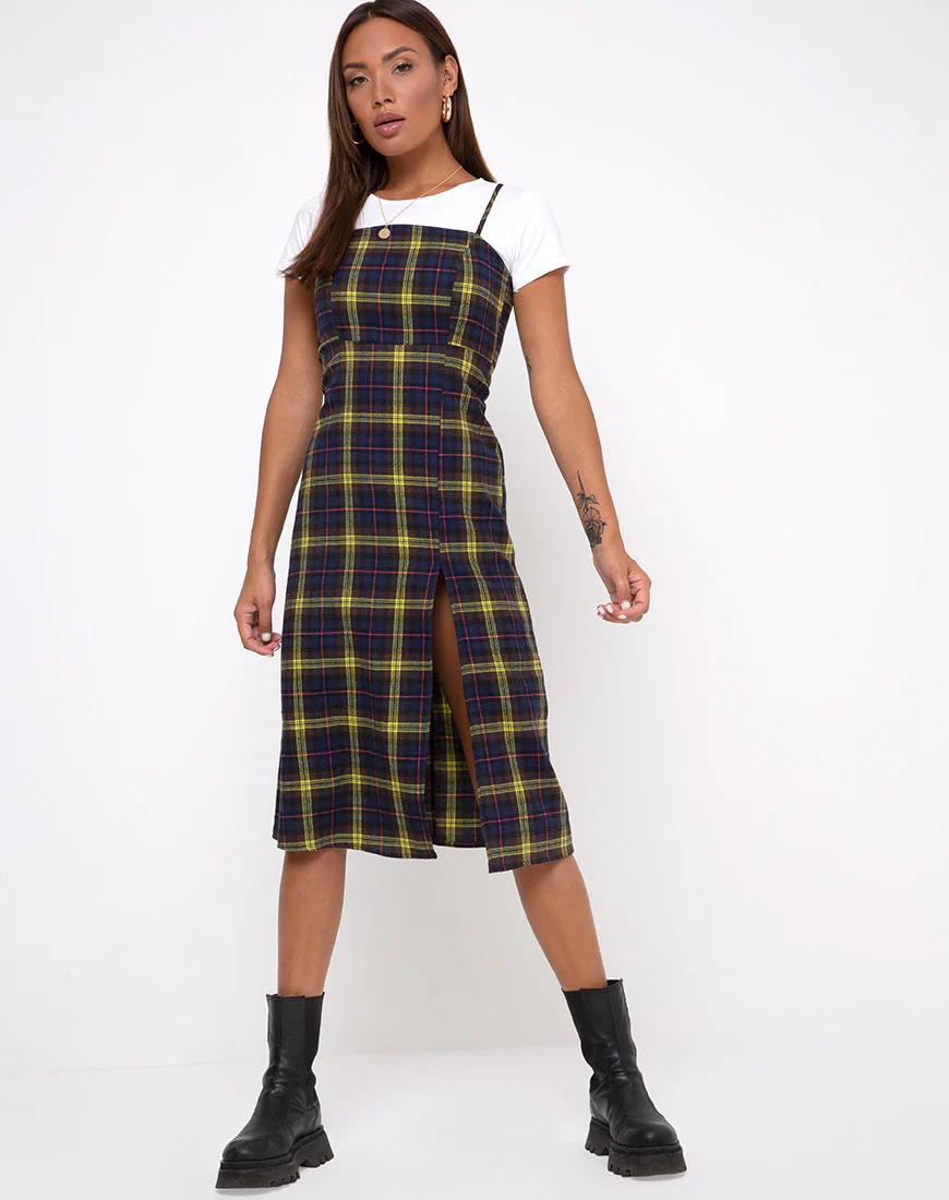Kaoya Dress in Plaid Brown Yellow Check - Awmao