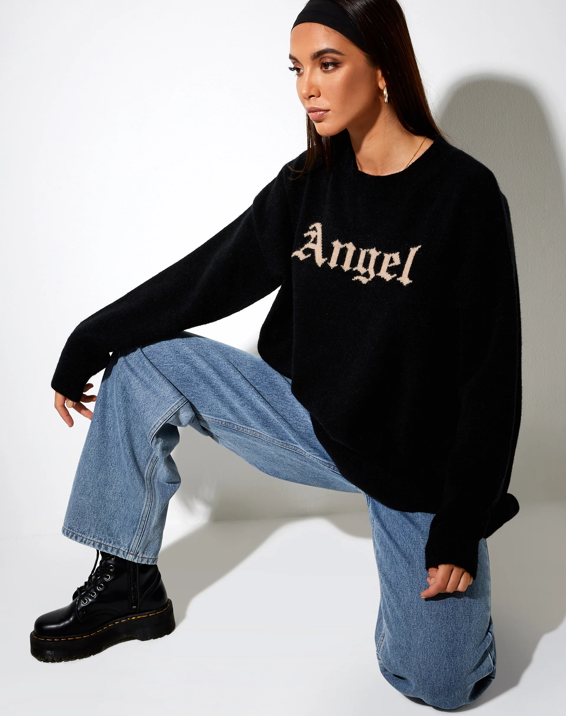 Lulees Jumper in Knit Black with 'Angel' in Cream - Awmao