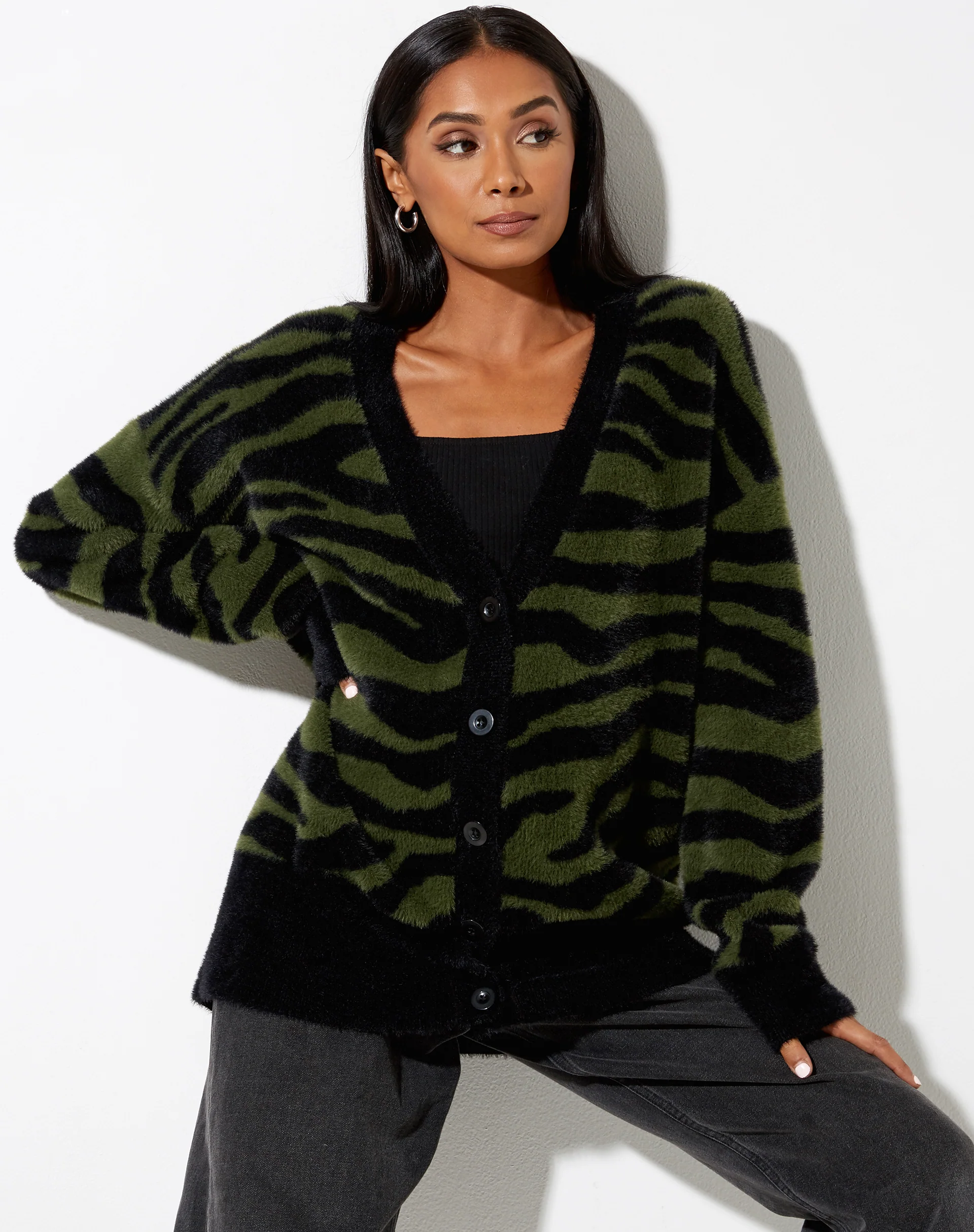 Uriela Cardi in Knit Zebra Olive and Black - Awmao