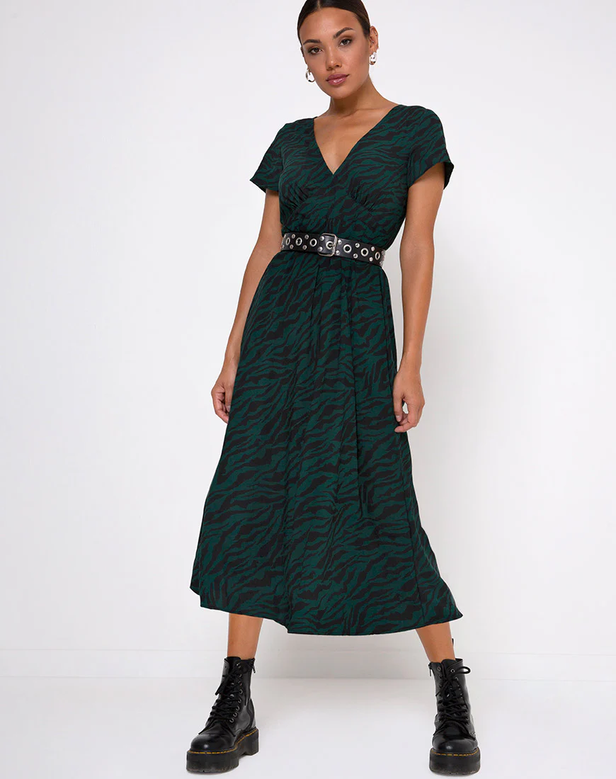 Nira Midi Dress in 90's Zebra Forest Green - Awmao
