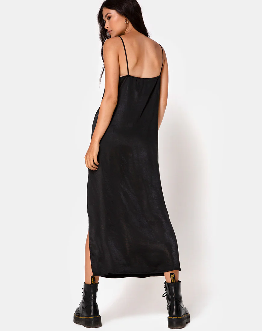 Batis Maxi Dress in Satin Black - Awmao