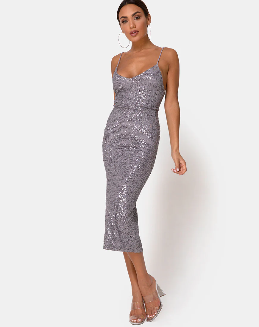 Humia Dress in Drape Net Sequin Silver - Awmao