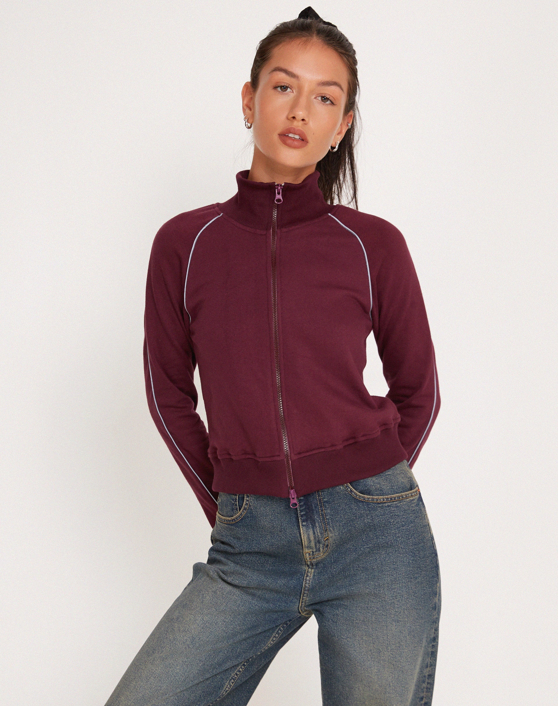 Patrice Zip Up High Neck Sweater in Oxblood with Grey Piping - Awmao
