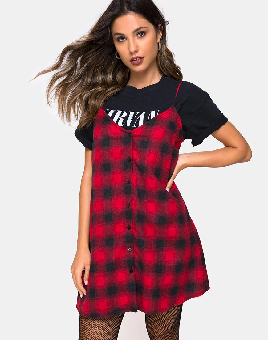 Sanna Slip Dress in Plaid Red Black - Awmao