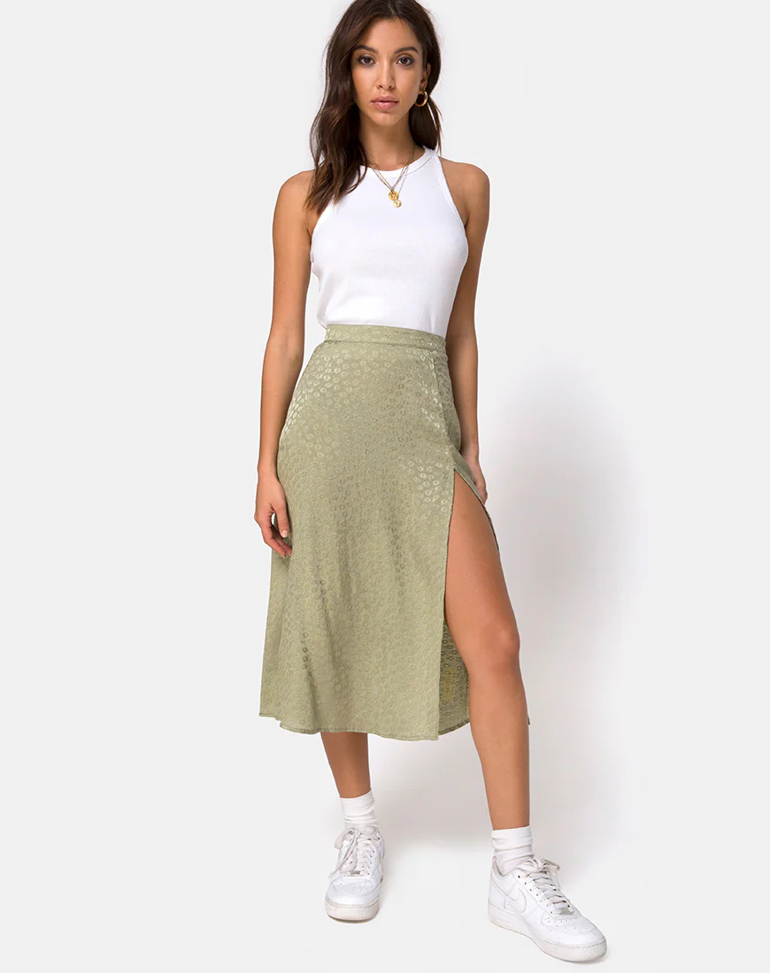 Saika Midi Skirt in Satin Ditsy Rose Sage - Awmao