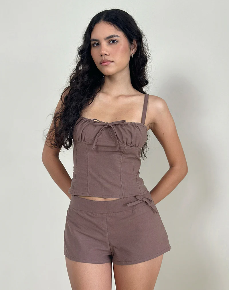 Blazy Tie Short in Linen Taupe - Awmao
