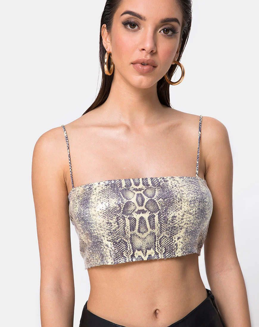 Kylie Crop Top in Acid Snake Clear Sequin - Awmao