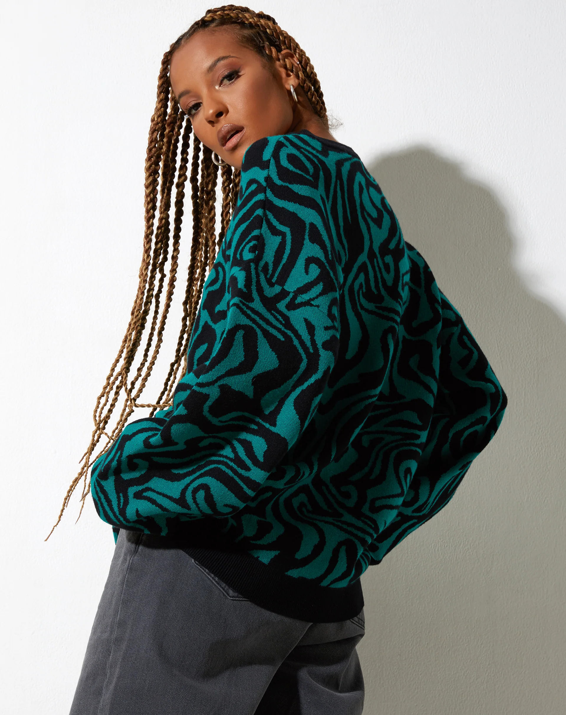 Mably Jumper in Jagged Swirl Green and Black - Awmao