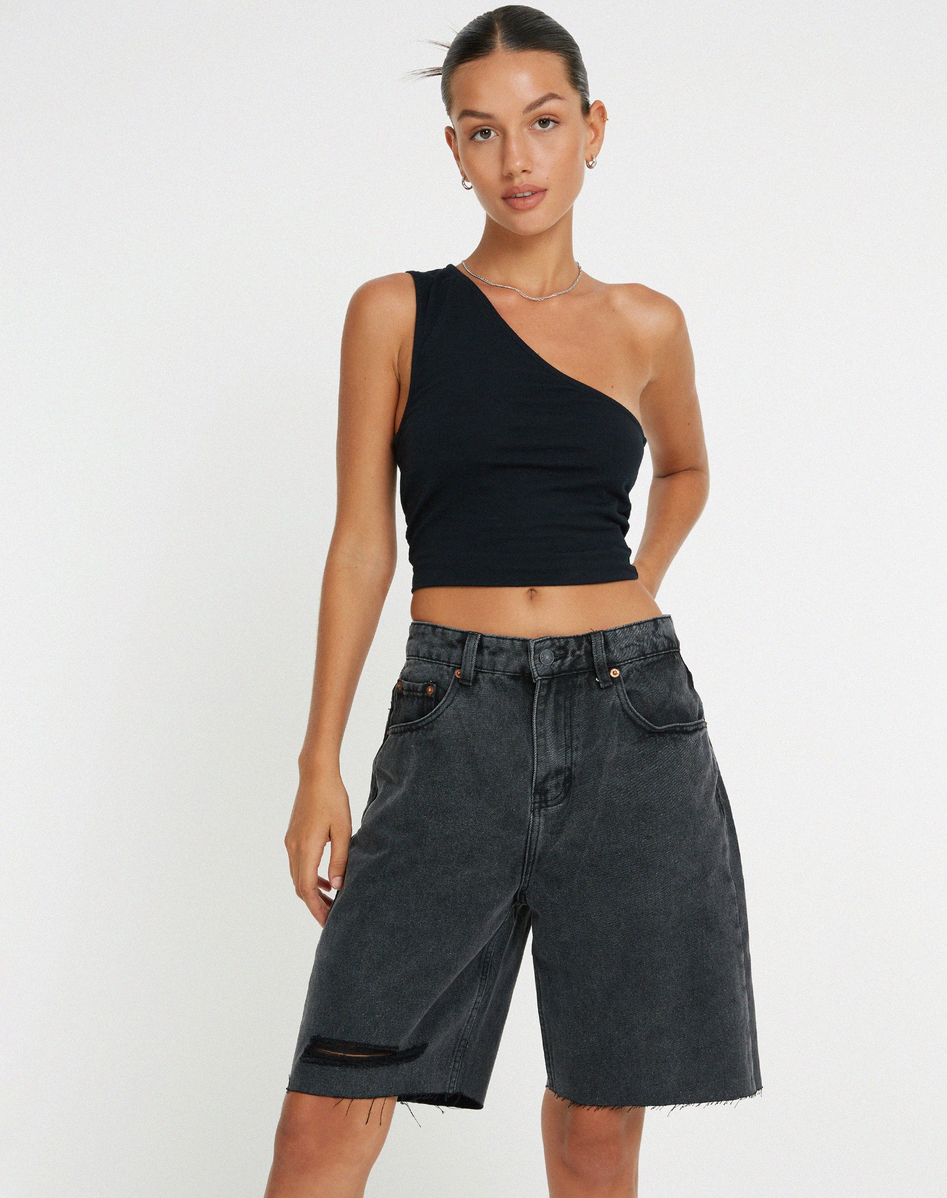 Longline Dad Denim Shorts in Black Wash - Awmao