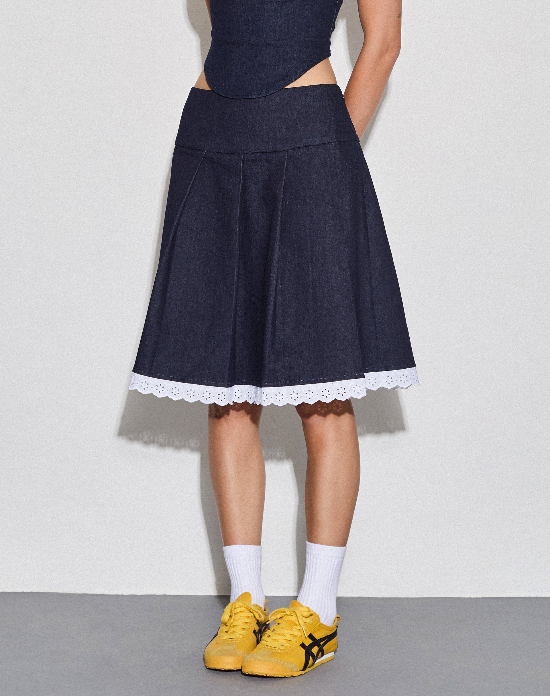 Caralia Midi Skirt in Chambray Indigo - Awmao