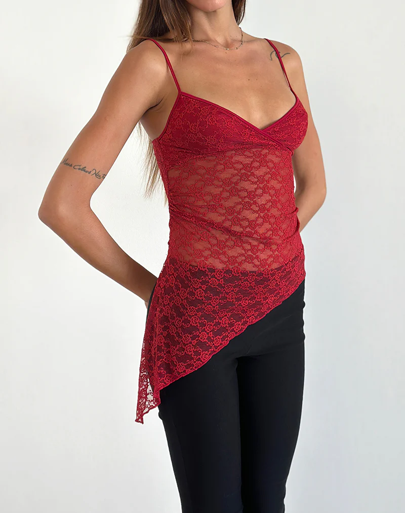 Kacha Asymmetric Cami Top in Red Mari Lace - Awmao