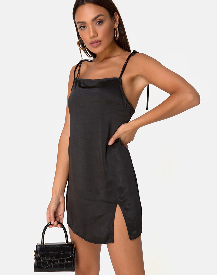 Doella Dress in Satin Black - Awmao