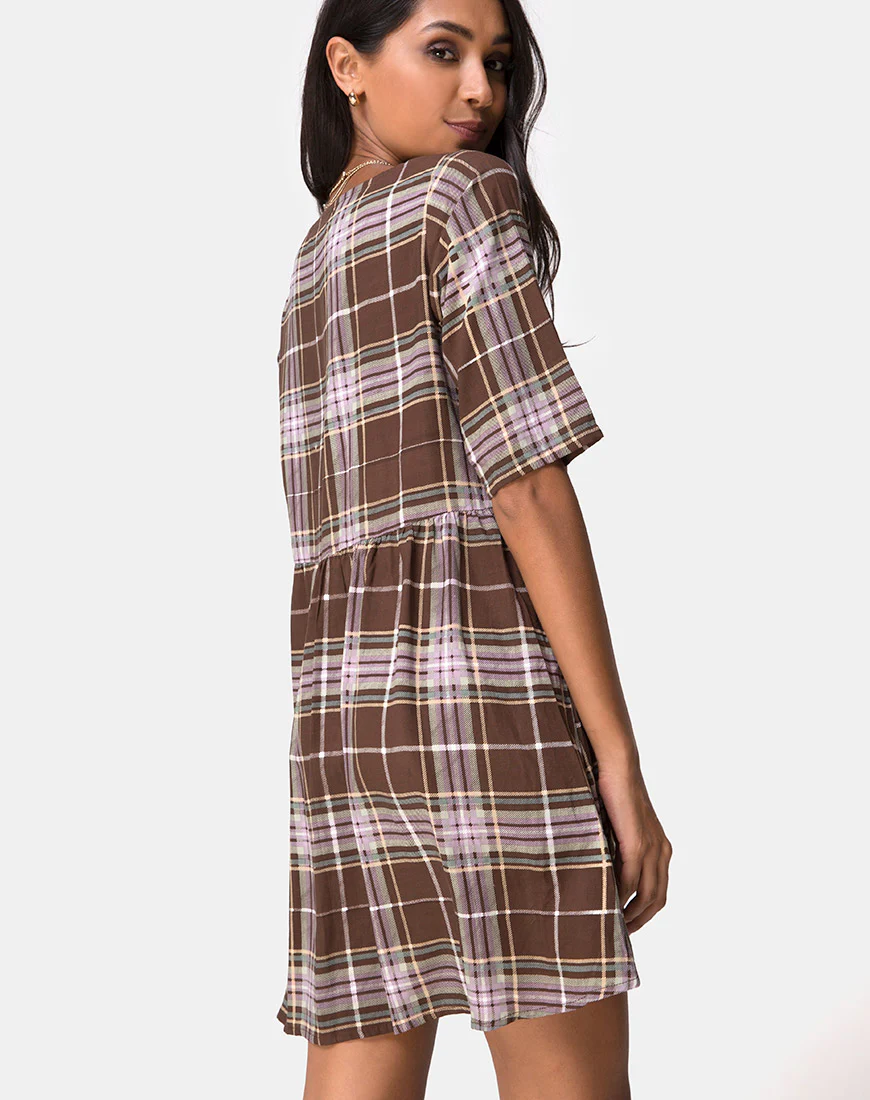 Verren Babydoll Dress in Tartan Brown - Awmao