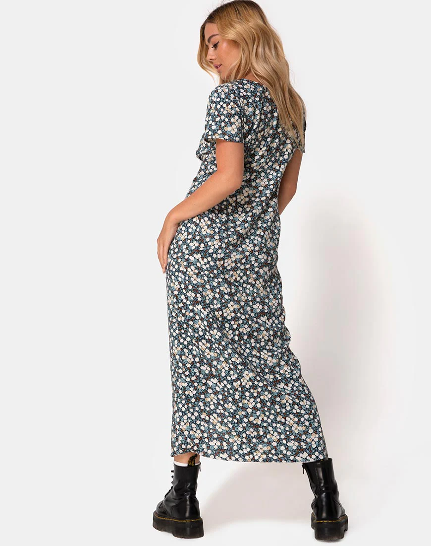 Larin Midi Dress in Floral Field Navy - Awmao