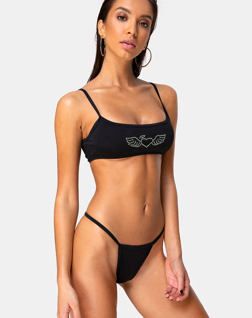 Valter Bikini Bottom in Matte Black with Diamante - Awmao