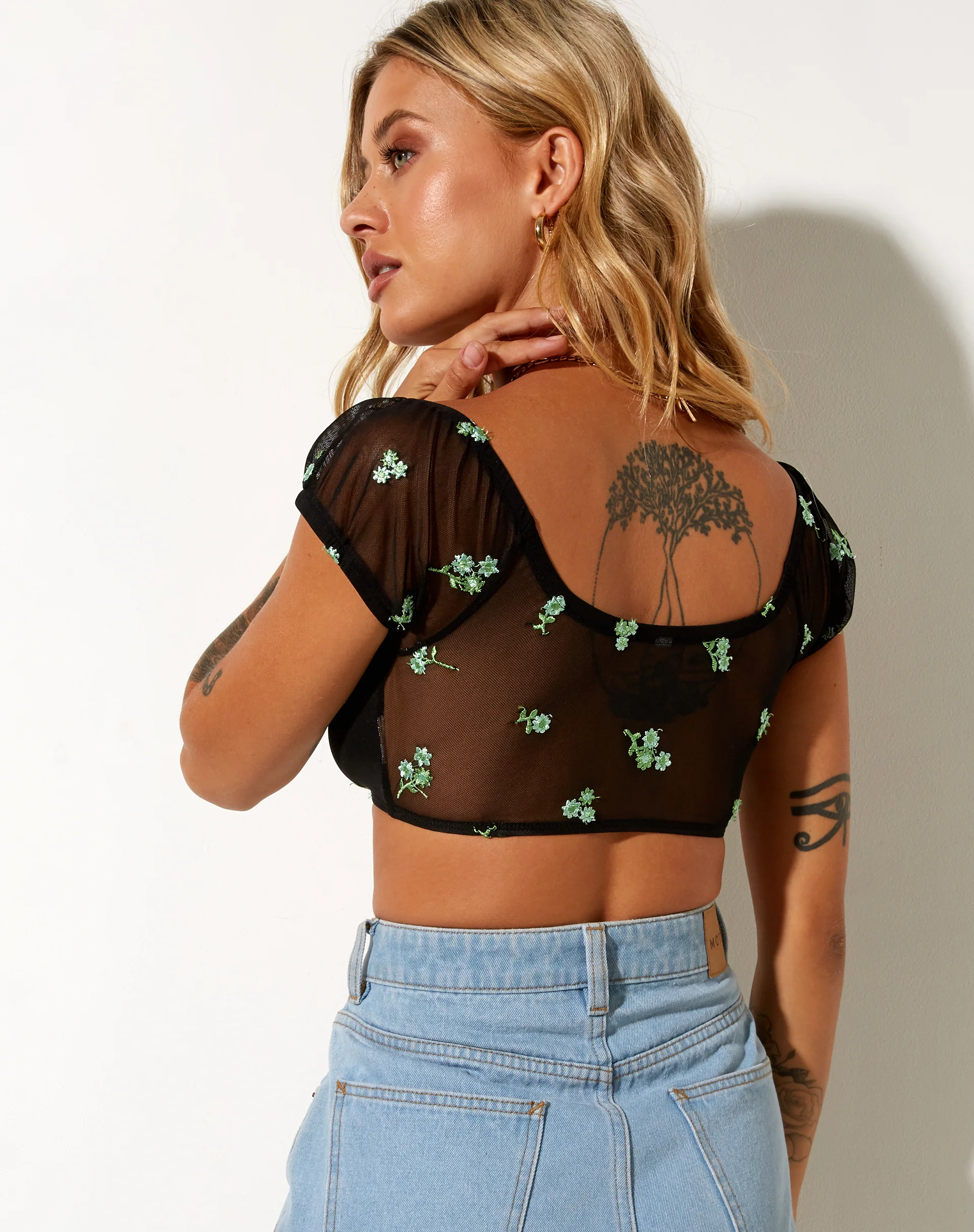 Zule Crop Top in Black Daisy Lime Embro - Awmao