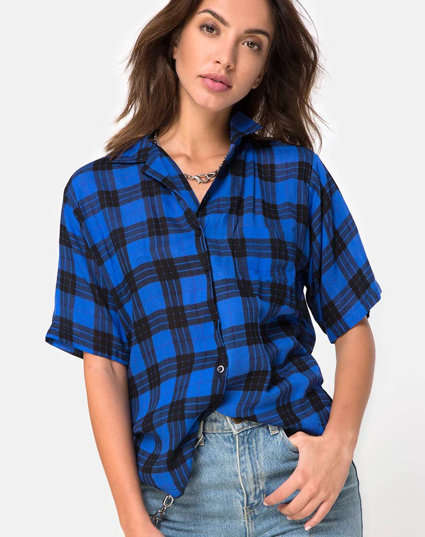 Hawaiian Oversized Shirt in Tartan Blue - Awmao