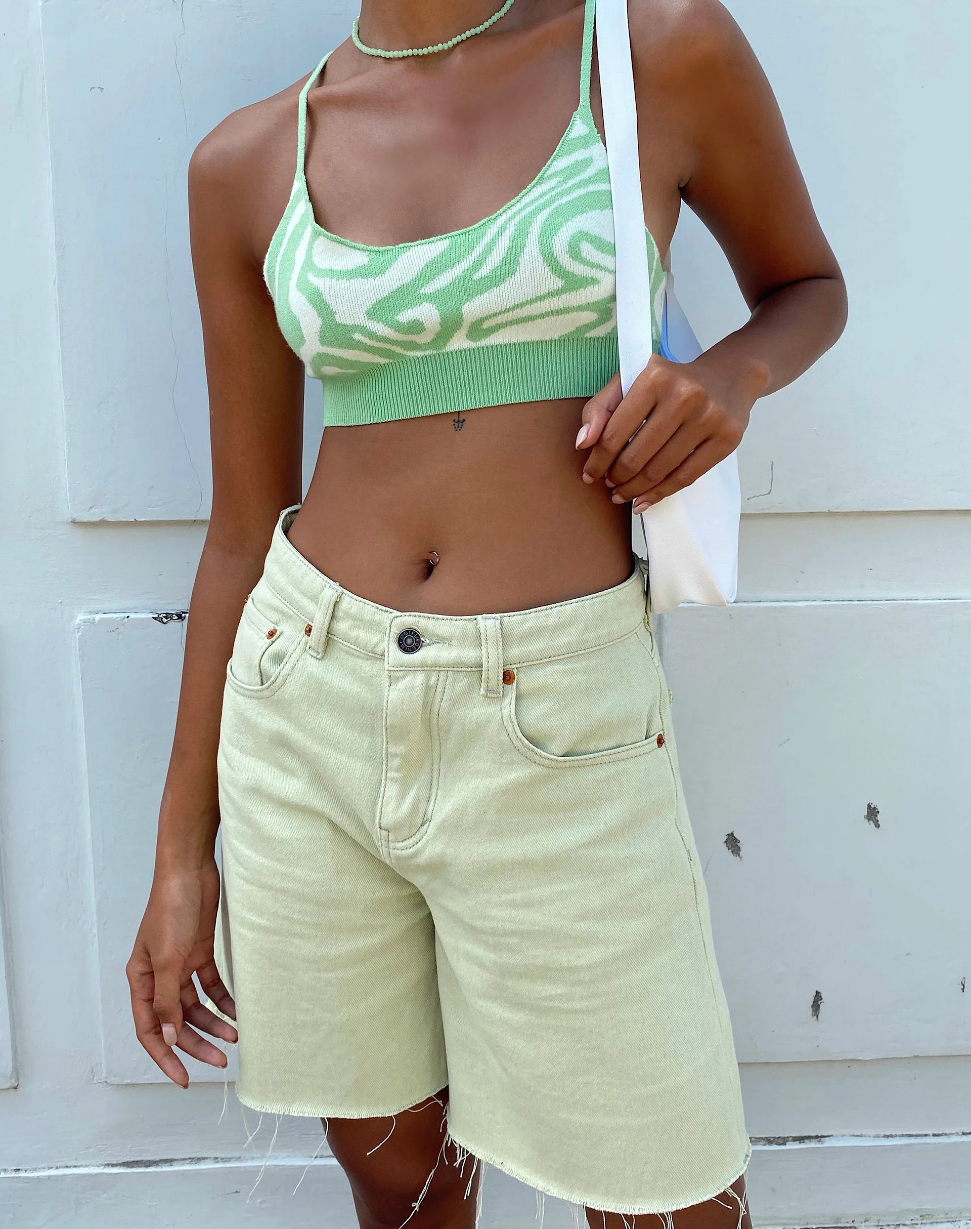 Loose Fit Denim Shorts in Sage - Awmao